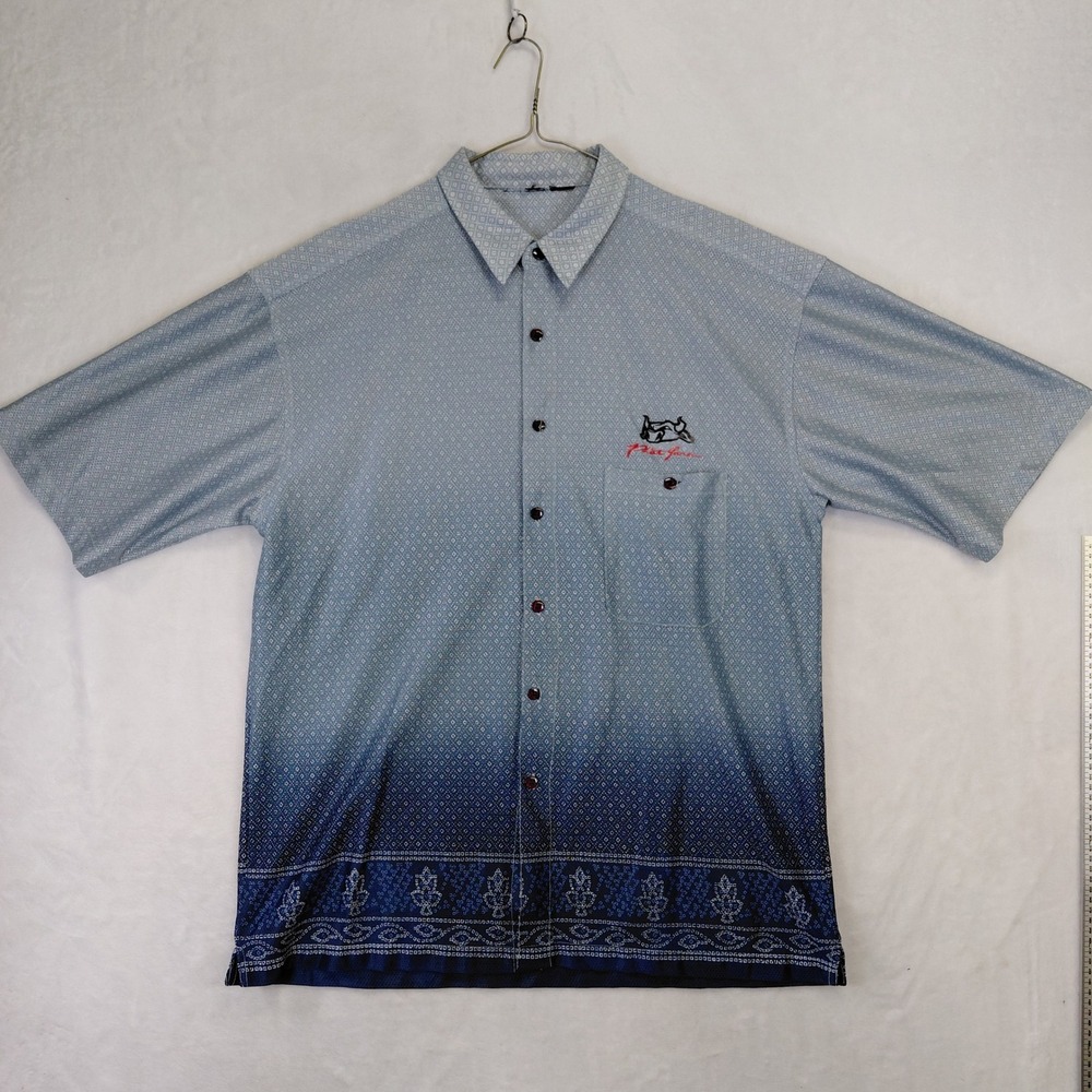 Phat Farm Mens Blue Ombre Geometric Print Short Sleeve Button Down Shirt Large